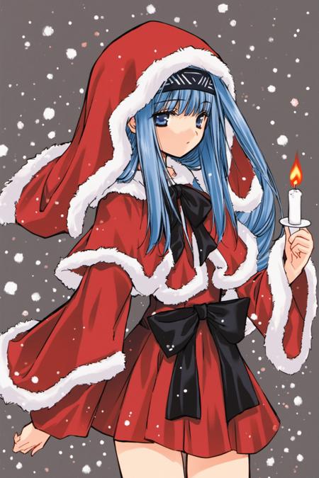 28477-155701888-Reverie Metherlence, 1girl, solo, holding, candle, snowing, santa costume, fur trim, long sleeves, hood, long hair, christmas, b.png